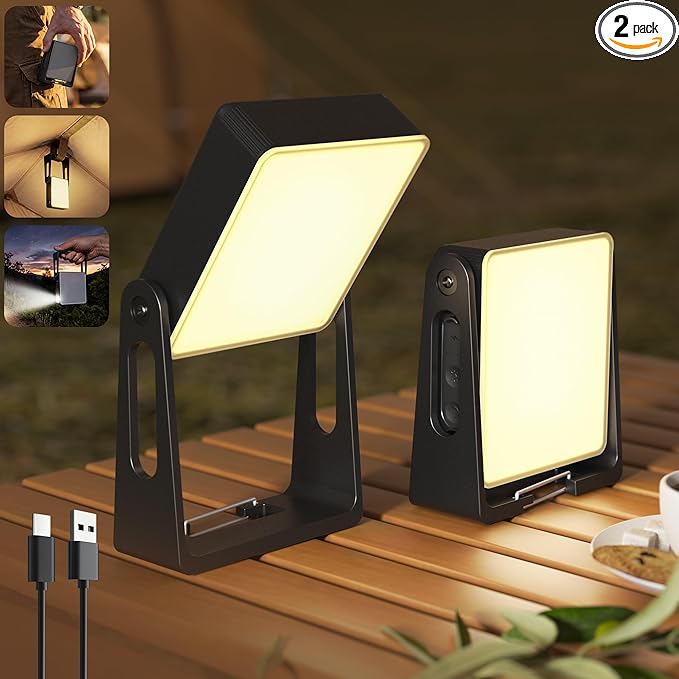 Rechargeable Camping Light Lamp, 2 Pack 4000mAh Dimmable LED Battery Powered Camping Lanterns with 360° Rotatable Stand, 2-in-1 Flashlight Emergency Lights for Home Power Outages, 3 Light Colors