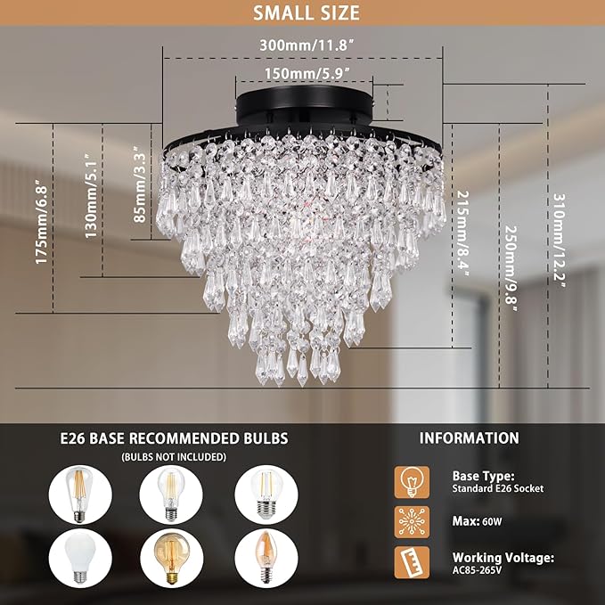 FRIXCHUR 11.8" Small Crystal Chandelier Light Fixture Mini Crystal Ceiling Light 5 Tiers Raindrops Black Chandeliers for Bedroom Hallway Closet,E26 Base