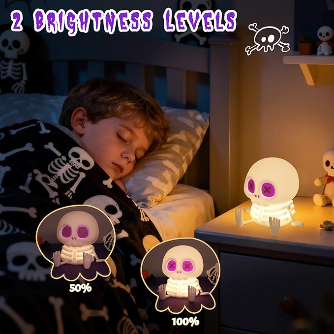 Skull Night Light, Silicone Touch Control Lamp. USB Rechargeable with Timer & Brightness Adjustment, Creates Customizable Glow for Gaming Room, Bedside, or Halloween Decor