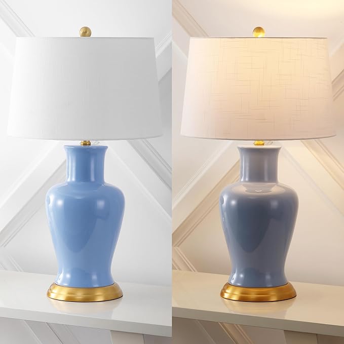 JONATHAN Y 29" Blue Traditional Ceramic Urn LED Table Lamp for Bedroom Decor, White Linen Drum Shade, Classic Nightstand Lamp for Living Room, LED Bulb Included (JYL4026E)