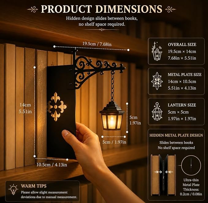 Library Lantern Bookshelf Lamp, Decorative Bookshelf Light with Warm LED Nightlight, Mini Nook Light for Bookshelf, Portable Table Desk Luminaire, Hanging Bookshelf Decor for Book Lovers