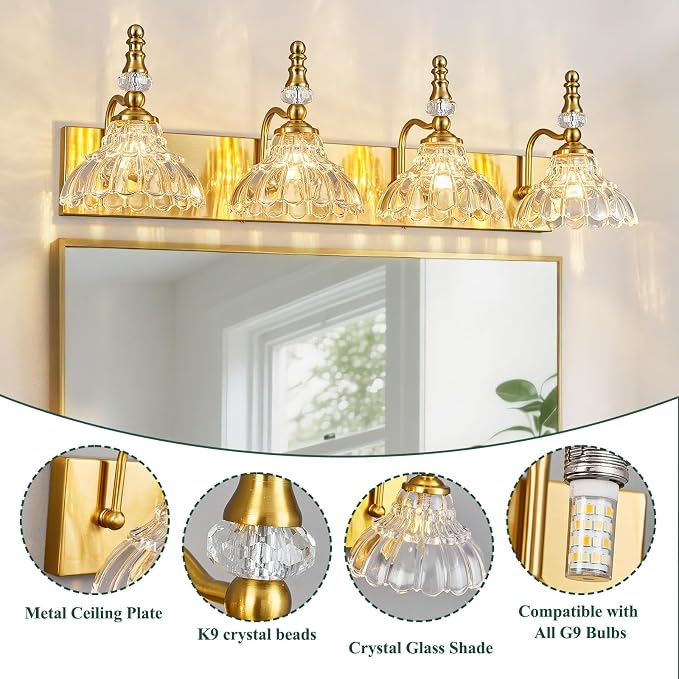 Vintage Bathroom Vanity Light, 4-Light Gold Vanity Lighting Fixture with Flower Glass Shade, Bathroom Lighting Fixtures Over Mirror