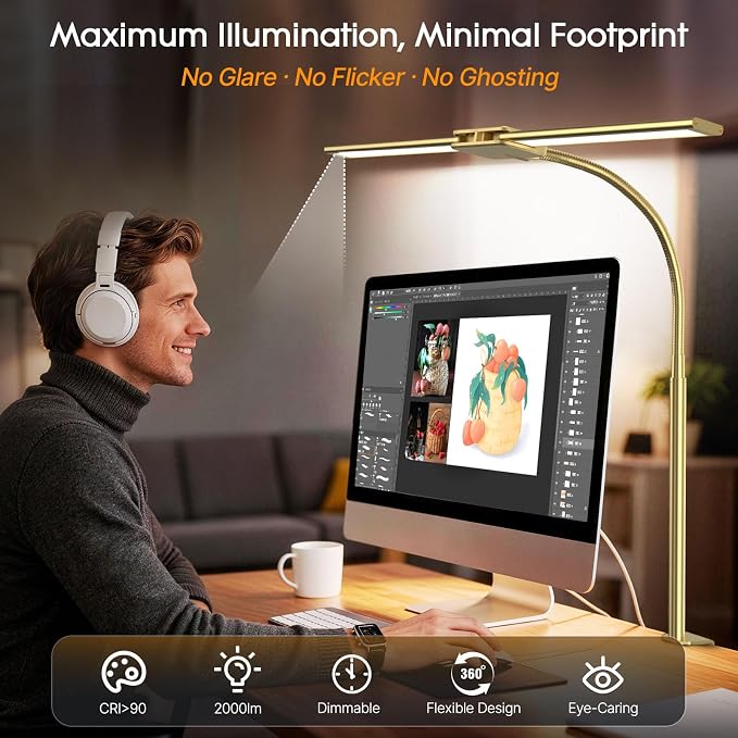 Syrinx LED Desk Lamp for Office Home, Dual Head Eye-Care Architect Lamp | Gesture/Wired Control, Flexible Neck, Bright Desk Light with Memory/Timer, 50 Lighting Modes for Study, Drafting, Gold
