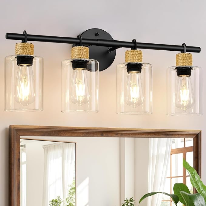 MOKATNG Bathroom Light Fixtures, 4-Light Farmhouse Vanity Lights with Hemp Rope, Black Bathroom Wall Lamp for Mirror Kitchen Hallway Cabinet