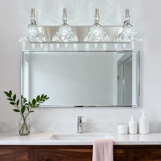 Vintage Bathroom Vanity Light, 4-Light Brushed Nickel Vanity Lighting Fixture with Flower Glass Shade, Bathroom Lighting Fixtures Over Mirror