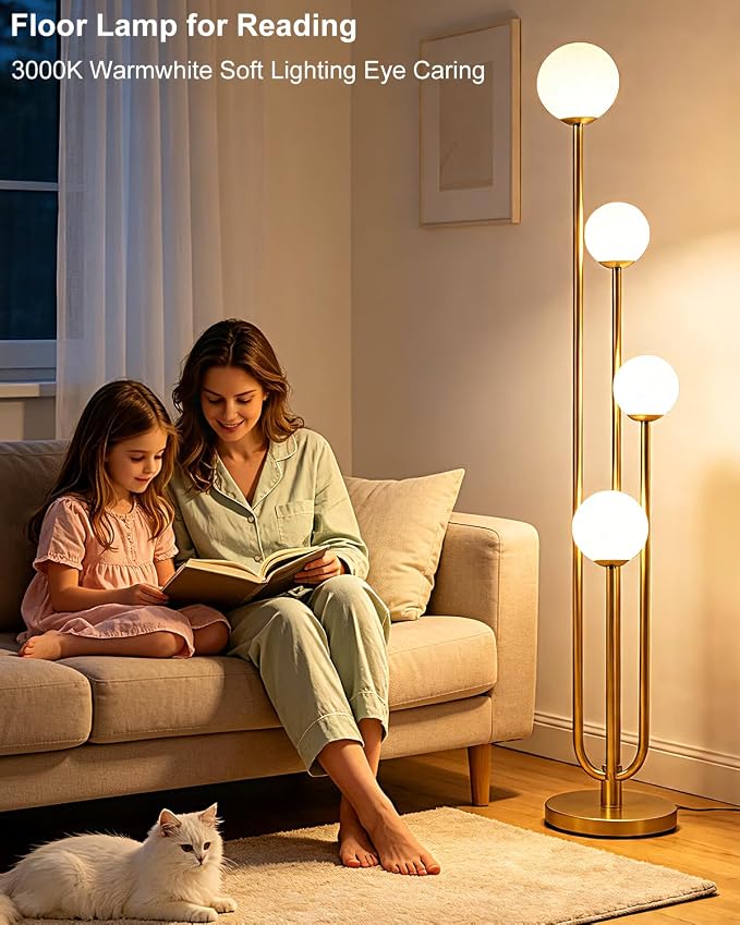 63IN 4-Light Dimmable Floor Lamp, Unique Gold Tall Standing Lamps with 3000K Bulbs for Reading, Mid Century Modern Floor Lamp with 5Lbs Heavy Base for Living Room Bedroom Home Office