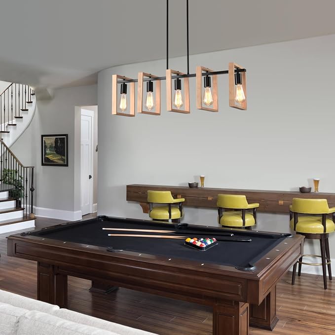 Kitchen Island Lighting Hanging for Farmhouse Linear Chandeliers,Modern Chandelier Over Table, Matte Black Rustic Wood Ceiling Pendant Light,Dining Room Hanging Light Rustic Wood