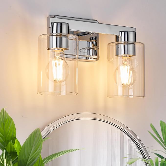 2-Light Bathroom Light Fixtures with Clear Glass, Chrome | Vanity Lights, Modern Wall Sconces, Over Mirror for Bathroom, Powder Room, Living Room