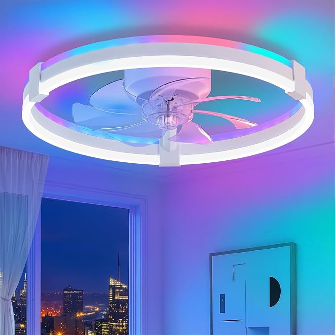 ZMISHIBO 20" RGB Low Profile Ceiling Fans with Lights and Remote, White | Custom RGB+3CCT Dimmable, 6 Speeds, Remote/App Control, Reversible DC Motor, Memory, Timer, Modern Fandelier for Kids/Bedroom