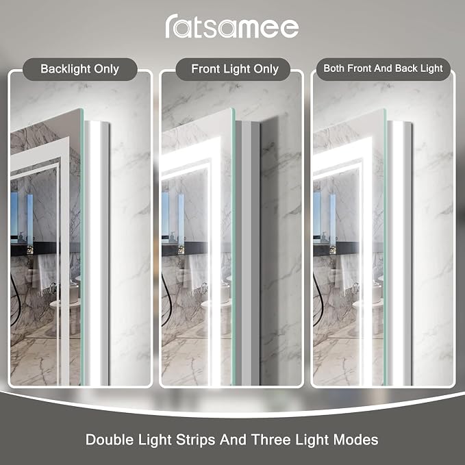 Ratsamee 72x32 Inch Led Mirror for Bathroom with Front Light and Backlit, Bathroom Mirror with Led Lights, Vanity Mirror with Lights for Wall, Anti-Fog, Dimmable, Memory Function, Tempered Glass