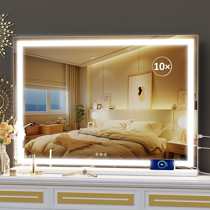 Gvnkvn Makeup Vanity Mirror with USB Charging Port 28" x 22" Large LED Makeup Mirror, Desk Mirorr with Lights, Light up Mirror with 10X Magnification and, Dimmable 3 Modes, Touch Control White