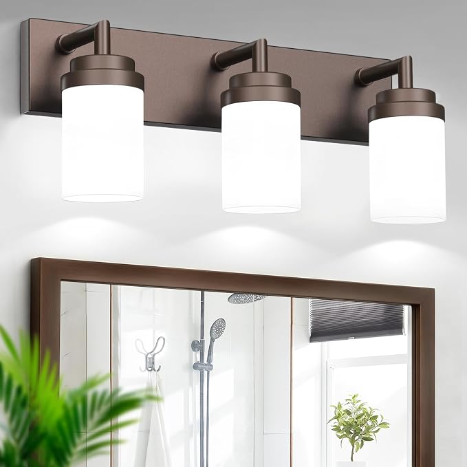 Bathroom Light Fixtures, Oil Rubbed Bronze Bathroom Lighting Fixtures Over Mirror, Modern Vanity Light with White Glass Shade, Restroom Lighting Fixtures, 3-Light 22-inch