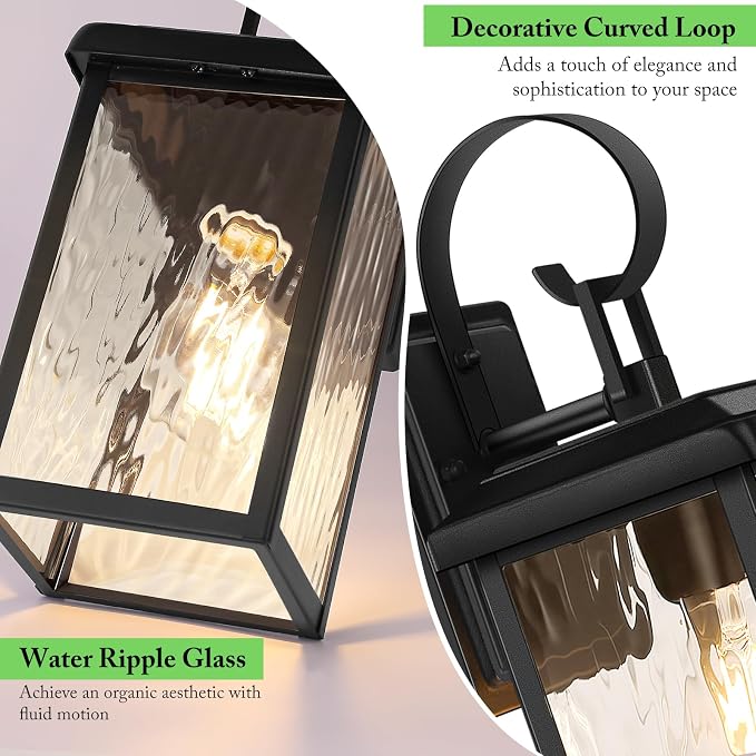 2-Pack Outdoor Wall Light Fixtures with Water Ripple Glass, Black | Waterproof, Rust-Resistant, Durable Metal, Standard E26 Socket, Easy to Install