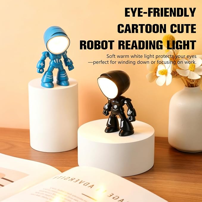 Mini Night Light, Posable Cartoon Cute Robot Companion Table Light, Bedside Reading Table Lamp for Desk Decor, Bedroom, Office (Black)