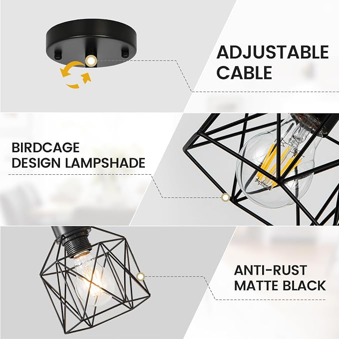 6-Pack Hanging Pendant Light Fixtures, Farmhouse Kitchen Island Light Fixture, Industrial Hanging Pendant Lighting for Dining Room Bedroom Hallway, Black Metal Cage Pendant Lamp, E26 Base