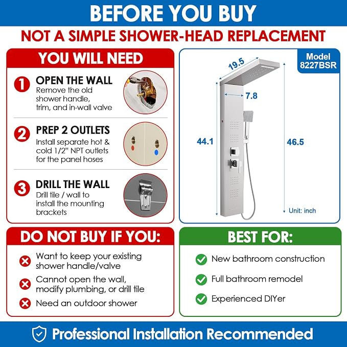 ROVOGO LED Shower Panel Tower System with Lights, 5 Shower Modes, 46.5 Inch | Rainfall Waterfall Shower Head, 4 Body Jets, Handheld and Tub Spout, Stainless Steel Shower Column with Brass Valves, Brushed