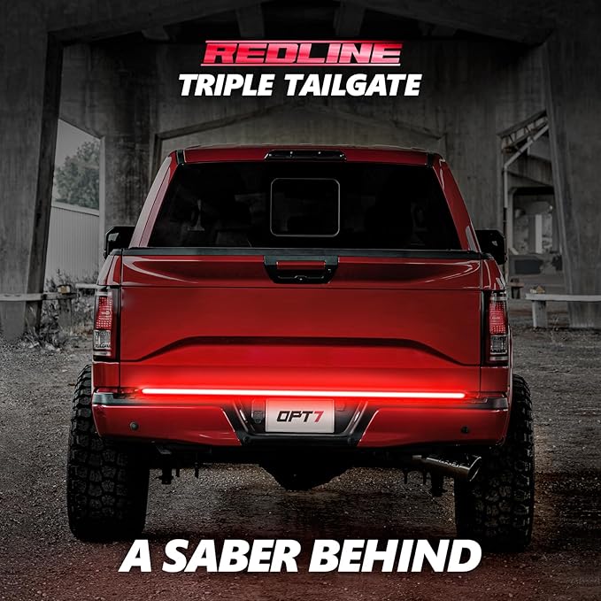 OPT7 Redline 60" Aluminum Truck Tailgate Light Bar w/Sequential Red Turn - Weatherproof Rigid 1-Piece Triple Row LED Strip - Dynamic Taillight w/White Reverse - Fits F150, Silverado, Sierra, Ram