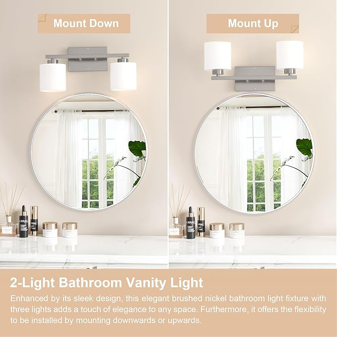 Honesorn Modern Vanity Lights - 2-Light Brushed Nickel Bathroom Mirror Lights with Frosted Shade & Anti-Rust Finish, E26 Wall Mounted