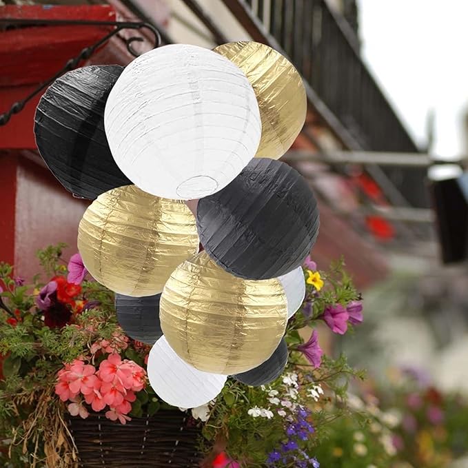 Black Gold and White Paper Lanterns 12Pcs Hanging Round Paper Lanterns Decorative for New Years Decorations Graduation Baby Shower Wedding Birthday Family Parties ﻿