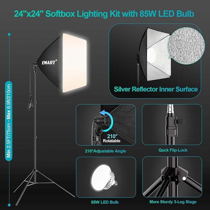 EMART 7 x 10 FT Photography Lighting Kit with 85W LED Bulbs for Portrait | 7x10FT Backdrop Stand & 6x9FT Backdrop, Softbox Lighting Kit & 3000-6000K Bulb Professional Studio Lights for Video Recording
