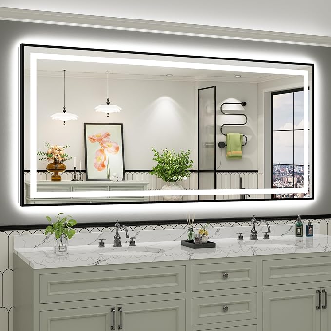 84x40 Inch LED Bathroom Mirror with Black Frame, Backlit & Front Lit | Anti-fog, 3 Color Dimmable, Memory Function, HD Reflection Tempered Glass, ETL Listed, IP54 Waterproof