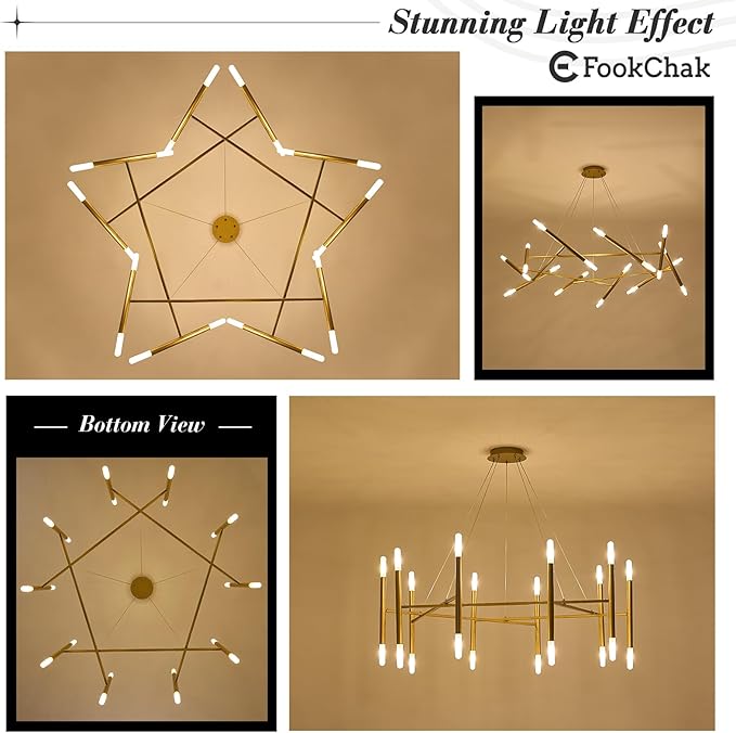 Gold Chandelier Light Fixture, 56" Round Dining Room Chandelier Over Table 20 Light Geometric Modern Chandeliers Mid-Century Hanging Light Fixture for Foyer Living Room Master Bedroom, G9