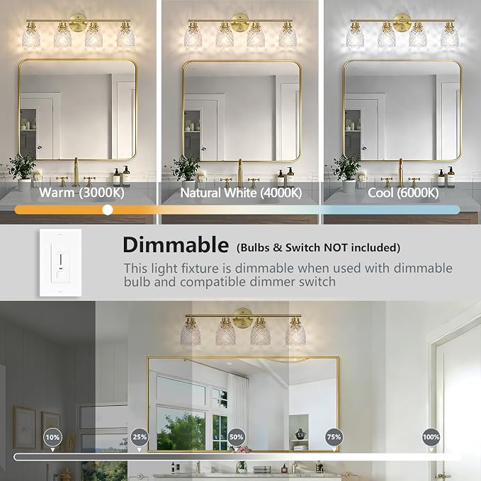 4-Light Vanity Light Over Mirror, Brushed Gold Bathroom Light Fixtures | Modern Farmhouse Wall Sconces with Hammered Glass Lampshade for Kitchen Hallway Bedroom Living Room Cabinet Porch-27.5IN