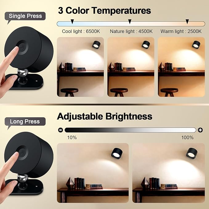 LED Wall Mounted Lights, Rechargeable Battery Operated Wall Sconces Lamp 3 Colors Temps & Remote and Touch, 360°Rotation Dimmable Wall Lights for Study Bedroom Reading Bedside (1 Pack)