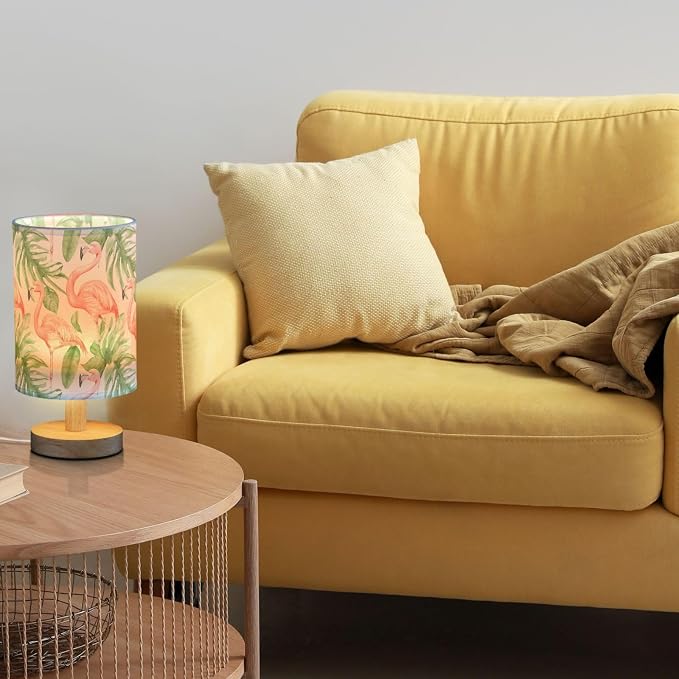 Light Pink Flamingos Tropical Leaves Bedside Table Lamps with USB Port for Bedroom Lamp Accent Table Lamp Small Nightstand Lamp Sturdy Linen Shade Wooden Decorative Lamps for Office Dorm Home