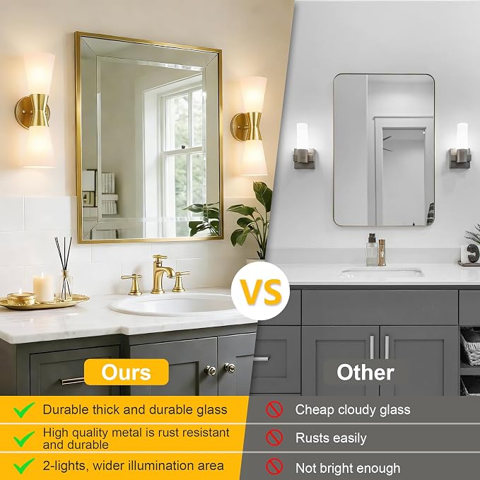Wall Sconces Set of 2 for Bathroom, Modern Indoor Vanity Light Fixtures 15", Up Down Lighting, Wall Mount Lamp for Living Room Bedroom Hallway Stairway Fireplace Mirror E26 Base 2PC White&Gold