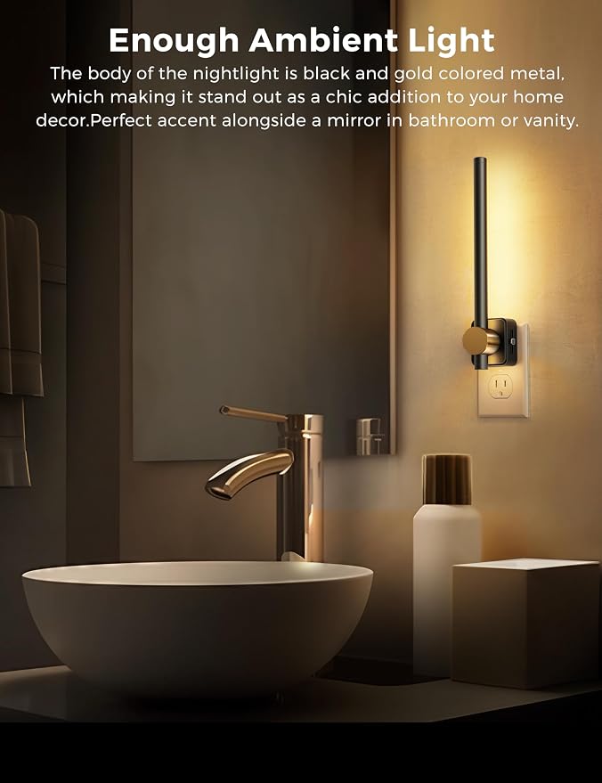 L LOHAS LED Night Light, Night Lights Plug into Wall, Dimmable Night Light | 0-200LM, Nightlight Black and Gold Vanity Light Bar for Bathroom Bedroom, Soft White 3000K, Dusk to Dawn Sensor