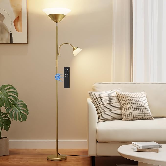 2-in-1 Torchiere Floor Lamp, 34W Super Bright LED Standing Lamp with Remote & Touch Control, 72" Dimmable Adjustable Corner Reading Lamp for Living Room, Bedroom, Office, Gold