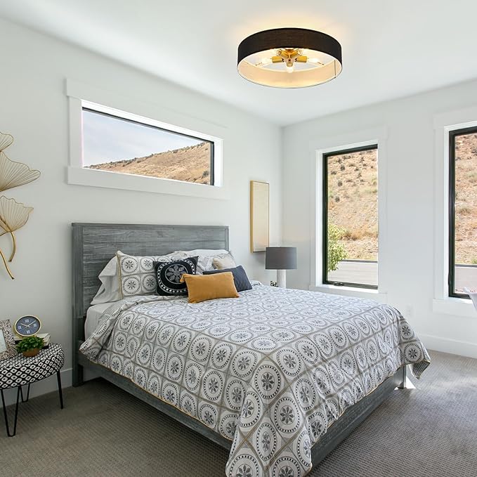VILUXY Black and Gold Semi Flush Mount Ceiling Light Fixture, 24’’ Large Modern Ceiling Light with Linen Fabric Shade 5-Light Drum Ceiling Lamp for Bedroom Living Dining Room Enteyway