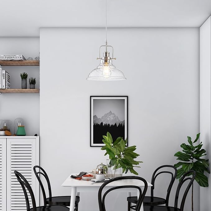 WILON Striped Glass Modern Pendant Light for Kitchen, Brushed Nickel | 11'' Striped Glass Shade, Adjustable Height, E26 Ceramic Socket, 60W MAX, Farmhouse Style for Dining Room Kitchen Over Sink