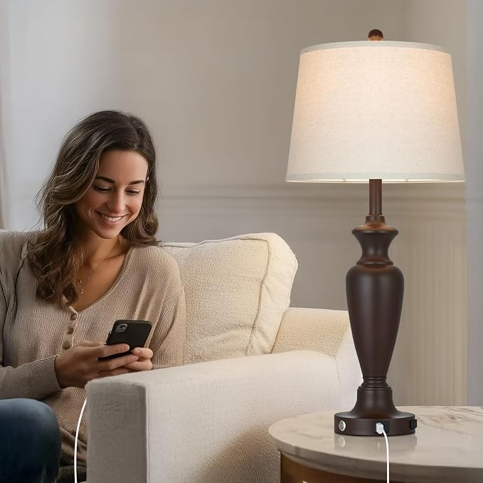 30" Tall Brown Table Lamp for Living Room, Touch Control Bedside Lamp for Bedroom Nightstand, 3-Way Dimmable Farmhouse Lamp with Charging Ports (1 Pack)