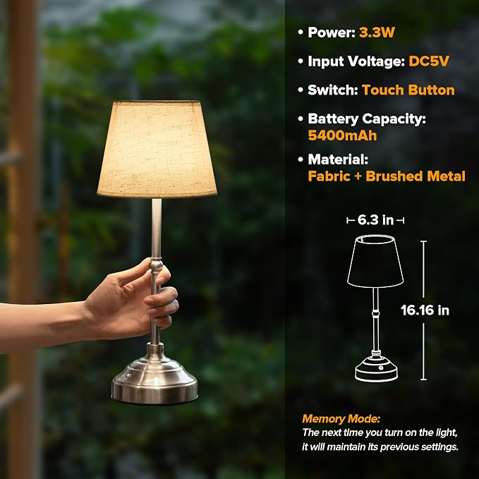 2 Pack Cordless Table Lamp, Rechargeable Desk Lamp with Fabric Shade, Battery Operated 3 Color Stepless Dimming, Small Touch Bedside Lamp Home Decor for Dining, Counter(Brushed Sliver)