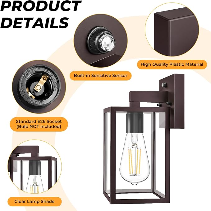 2 Pack Dusk to Dawn Outdoor Wall Light Fixtures, Exterior Porch Light, Waterproof Wall Sconces Lanterns, Sensor Lighting Wall Mount for House Doorway Garage, Dark Chocolate