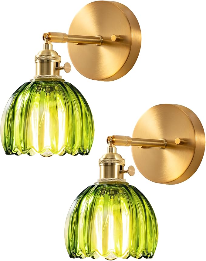 EDISHINE Vintage Brass Wall Sconces with Adjustable Green Tulip Glass Shade | Hardwired, 180° & 270° Adjustable, Rotary Switch, Vintage & Modern, E26, Ideal for Bathroom, Bedroom, Hallway