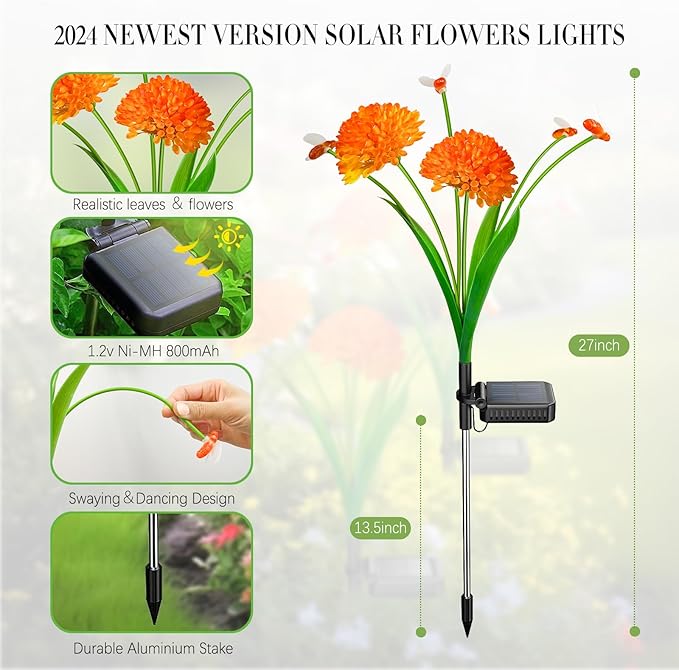 Solar Garden Lights, 6 Pack Swaying Bee Lights with Flowers, Waterproof Firefly Light Outdoor for Garden Patio Yard Pathway Decoration, Gifts for Women Mother's Day