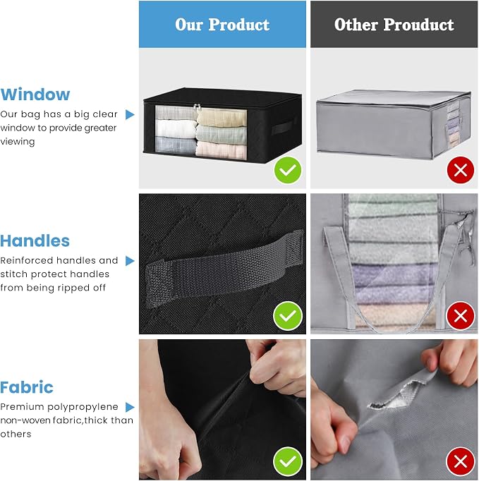 HomeHacks 8-Pack Clothes Organizer Storage Bags, 35L Storage Bins, Black | Foldable Storage Box Container with Zippers, Clear Window, Reinforced Handles for Closet, Dorm, Pillows, Bedding, Sweater
