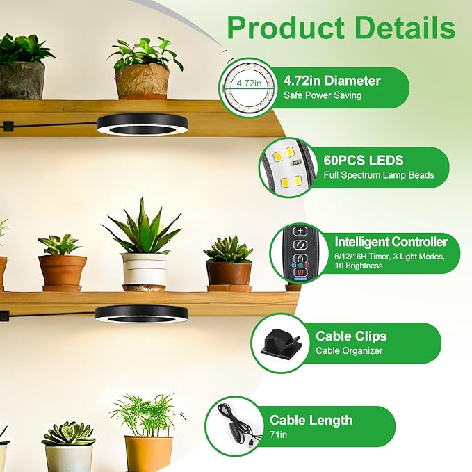 4.72in Black Indoor Plant Grow Lights, Full Spectrum Grow Lamp, 60 LEDs Warm White 2 Head Black Metal Angel Ring for Ceiling Cabinets & Shelf, 6/12/16H Timer, 3 Modes, 10 Levels