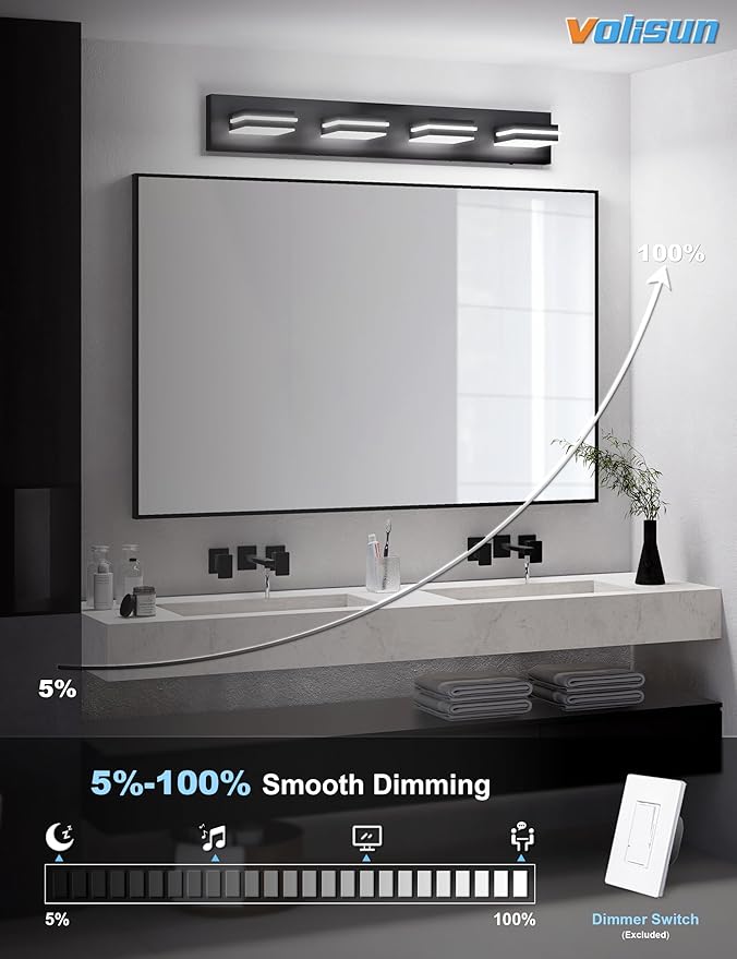 VOLISUN Modern 30-Inch 4-Light Black LED Bathroom Vanity Light Fixtures Over Mirror, 5CCT Dimmable, ETL Certificated