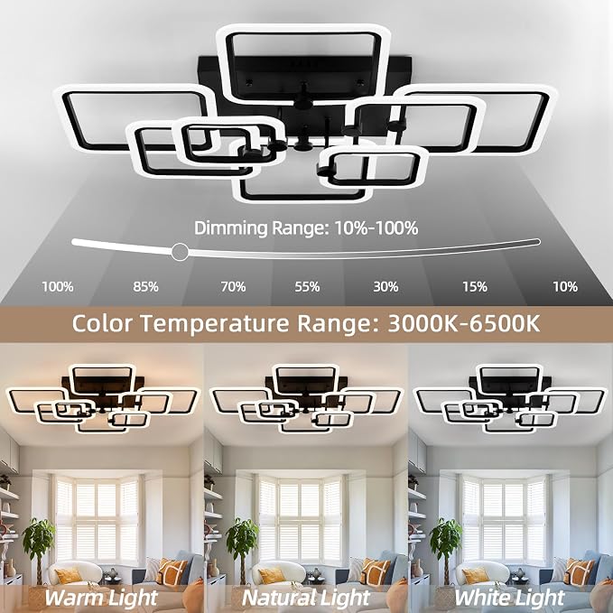 Smart LED Ceiling Light,39.4″ Square Flush Mount Fixture, 8-Square Modern Design, 146W Dimmable Acrylic Light with Remote, WiFi Alexa & App Control for Bedroom Living Room Dining Room (Black)