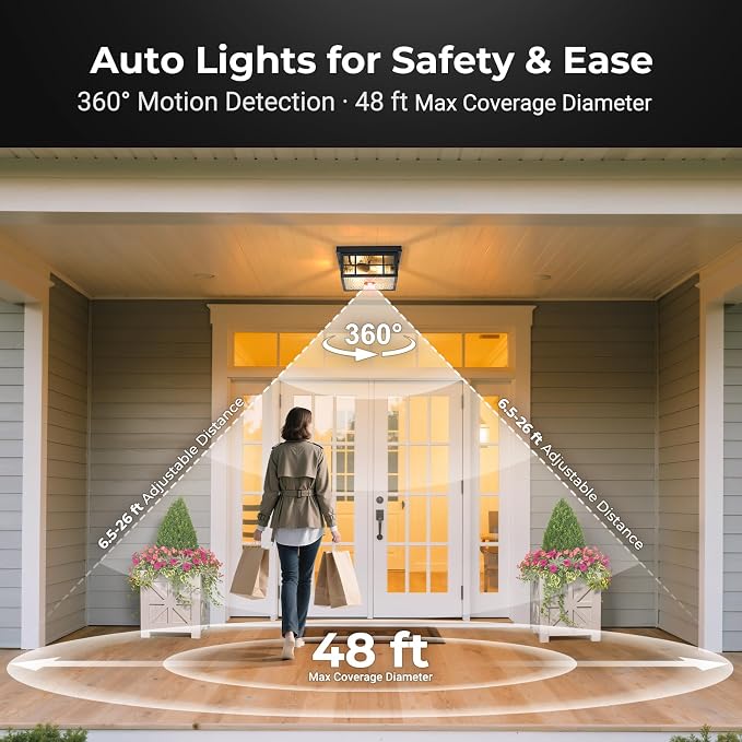 VIANIS Motion Sensor Exterior Ceiling Lighting Fixtures for Porch with Remote, 11'' Square Black Modern Outdoor Flush Mount Ceiling Light for House, 5 Modes Adjustable Distance Time Water Ripple Glass