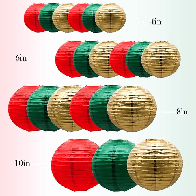 21-Pack Green Red Gold Hanging Paper Lanterns Decorative | 4/6/8/10 inches Round Lantern for Christmas, Italian Party, Mexico Party, Graduation, Anniversary, Birthday Decorations