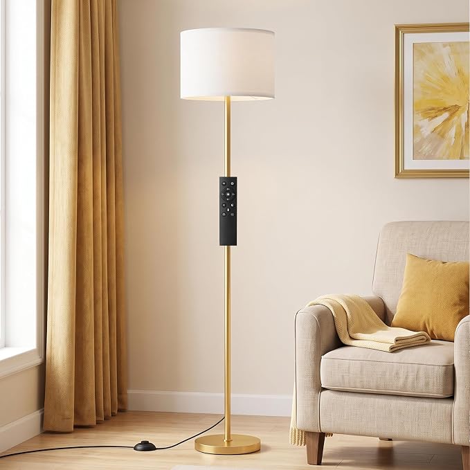 Dimmable Floor Lamp for Living Room with Remote, 9W 900LM LED Bulb Included, White Shade Gold Pole
