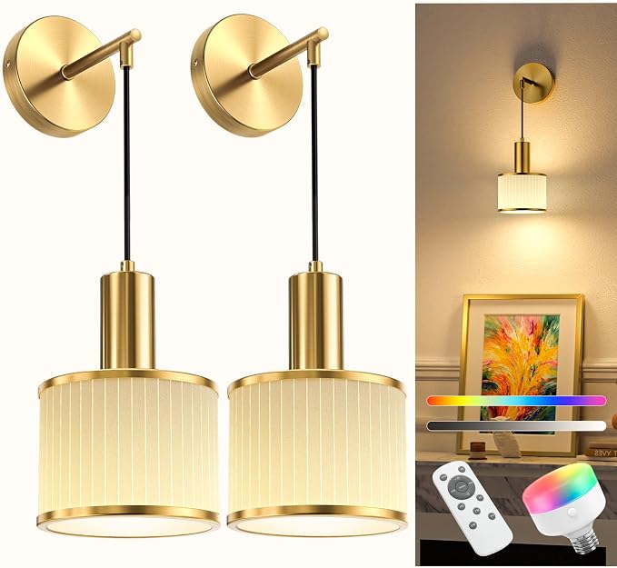 Battery Operated Wall Sconce Set of 2, Gold & Off-White Wireless Rechargeable Wall Lights with 5200mAh Dimmable Detachable Bulbs and Remote, 9 Colors Sconces Wall Decor for Bedroom Living Room