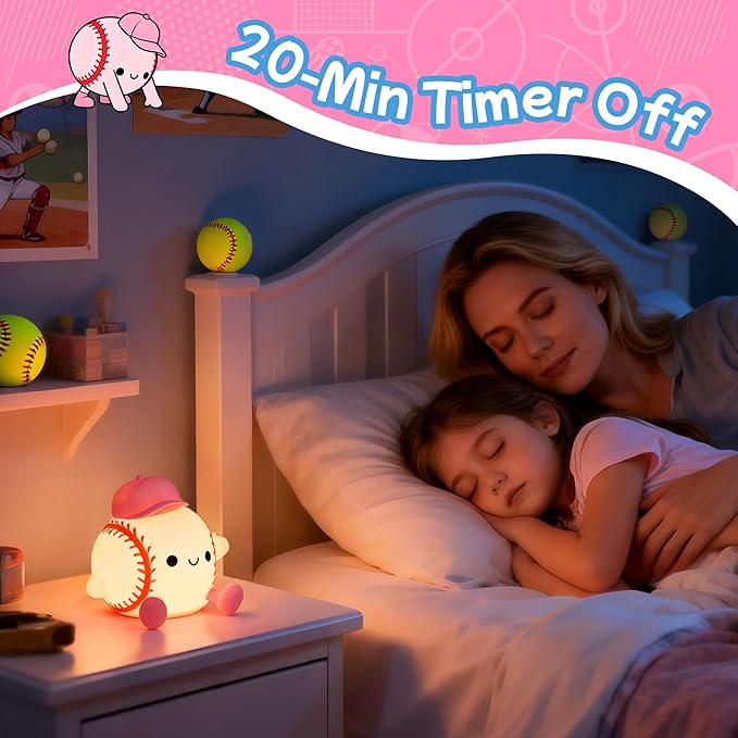 Softball Night Light for Girls, Silicone Touch Control Lamp, USB Rechargeable with Timer & Brightness Adjustment, Gift for Softball Lovers