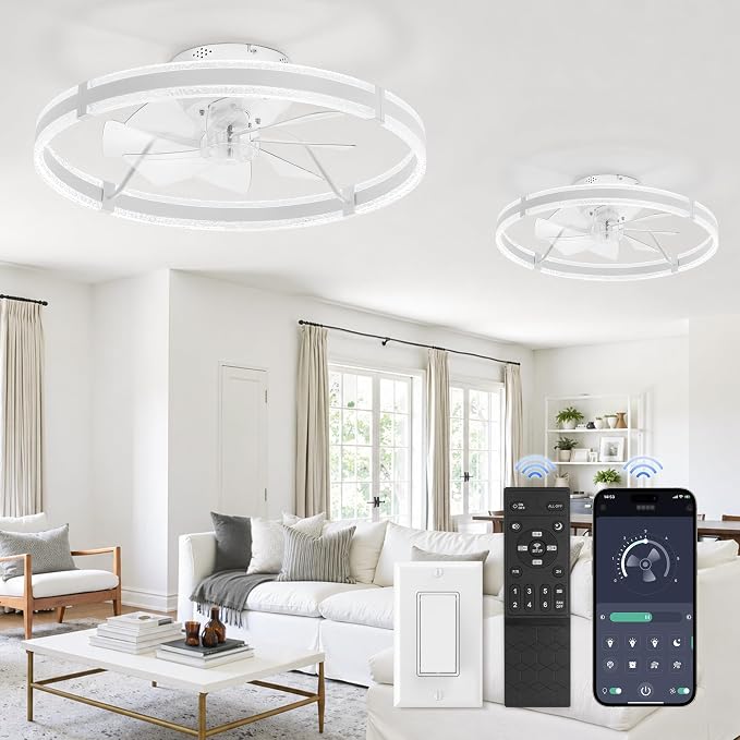 LEDIARY 24'' Low Profile Ceiling Fans with Lights and Remote, White, 2 Pack | 3000-6000K Dimmable LED, 6 Wind Speeds, Quiet Reversible DC Motor, Small Flush Mount Fandelier for Bedroom, Living Room