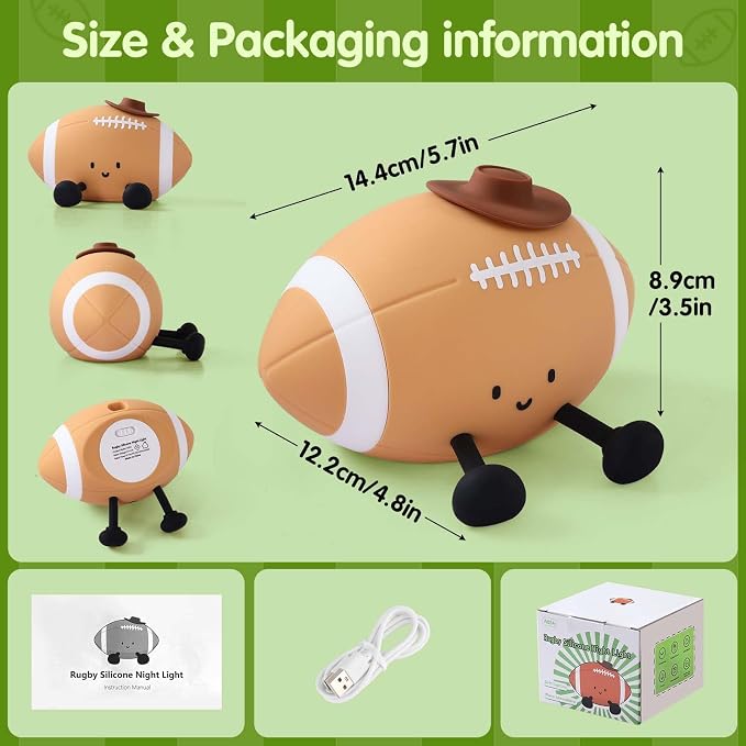 YISUN Football Night Light, Soft Silicone Nursery Night Lamp, Rechargeable Dimmable Rugby Night Lights with Timer, Cute Night Lights for Kids Room Decor Birthday